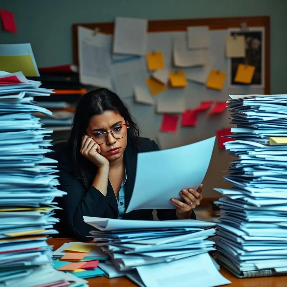 Profesional trabajando entre pilas de documentos antes de usar inteligencia artificial