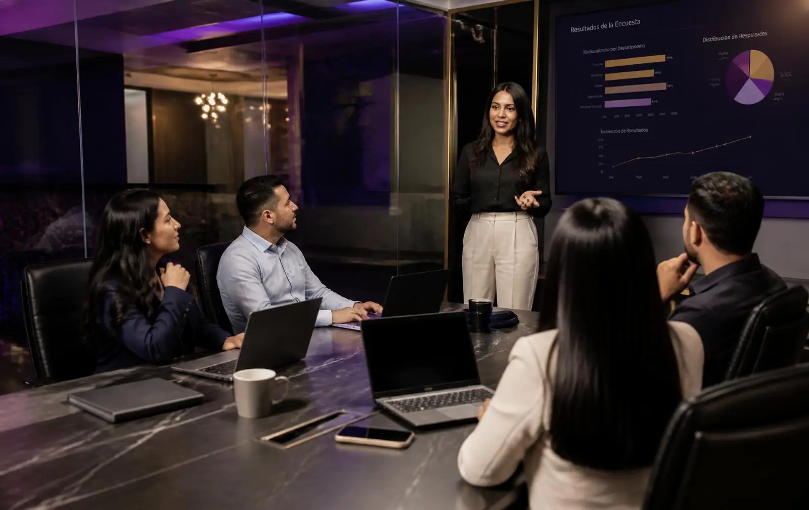 Equipo empresarial capacitándose en inteligencia artificial en una sala moderna
