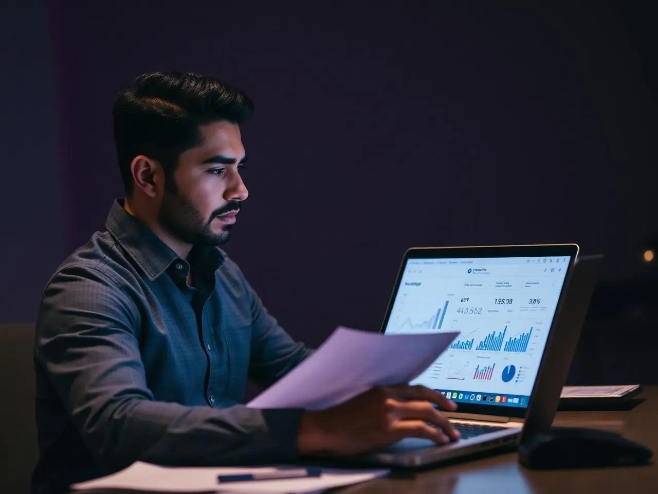 Profesional analizando documentos extensos con apoyo de Inteligencia Artificial